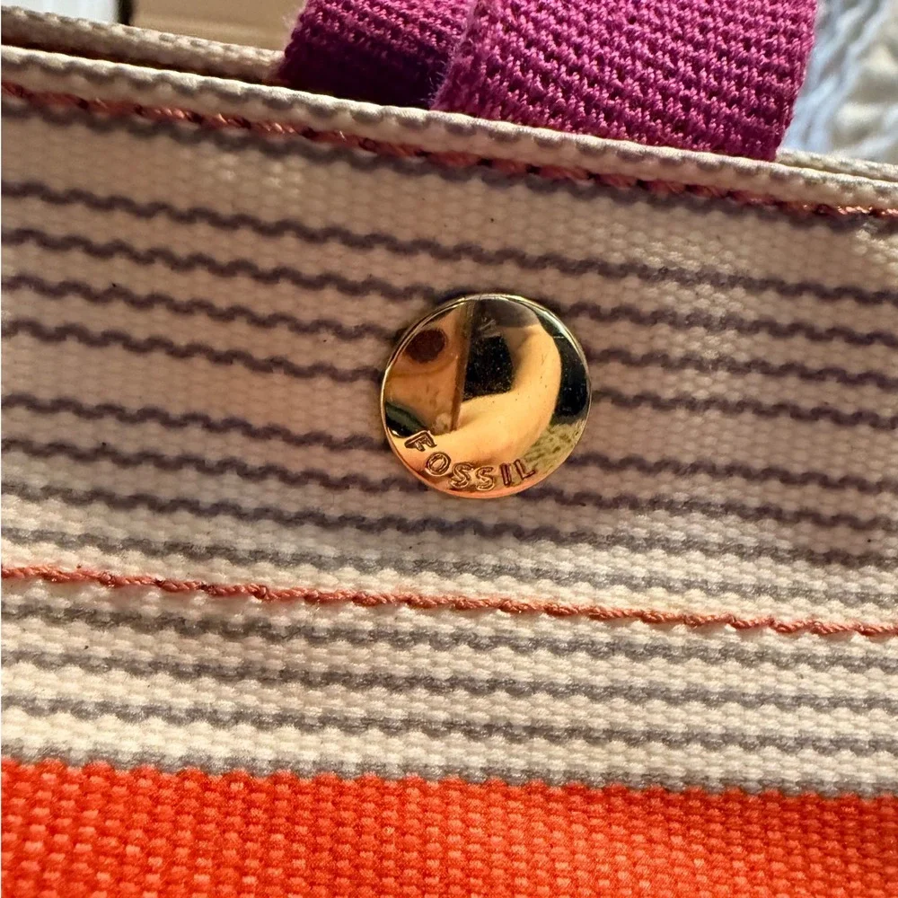 Fossil Key-Per Striped Canvas Tote Bag Orange Pink Shoulder Bag